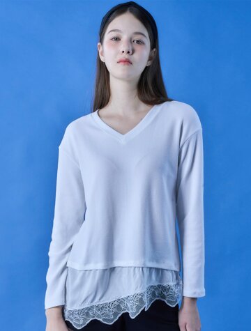 셋업 브이넥 오버핏 더블 레이어드 레이스 긴팔티셔츠 [2colors] 622