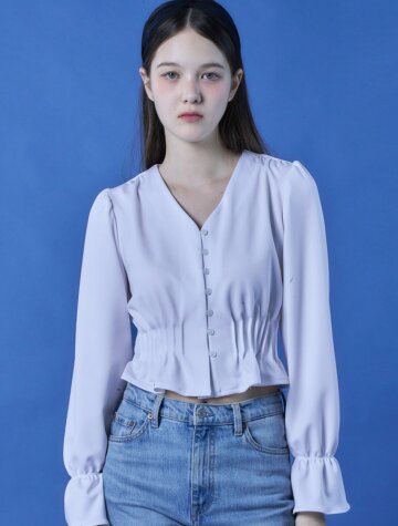 크롭 브이넥 소매 셔링 버튼 블라우스 긴팔셔츠 [3colors]