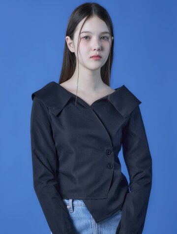 WOMEN 미디 크롭 랩 오프숄더 슬림 긴팔 셔츠 [BLACK] 긴팔티 ver.