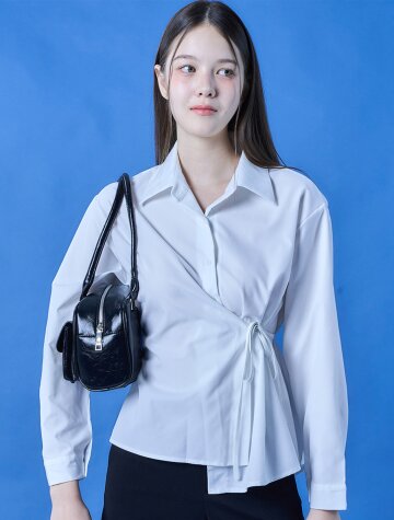 랩 카라 슬림핏 끈 무지 여성 긴팔셔츠 [WHITE] 하객룩 데이트룩 ver. 620w