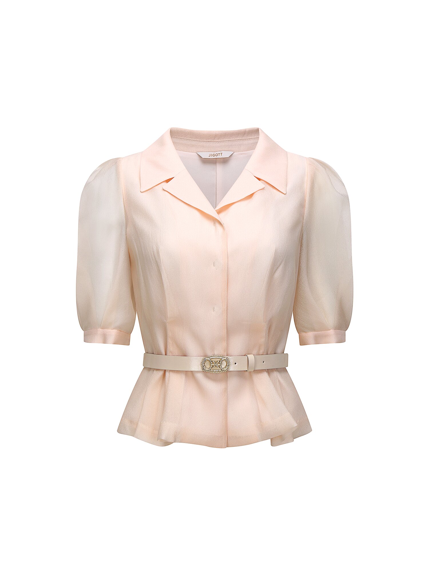 퍼프 오픈 칼라 크롭 블라우스 (BEIGE)