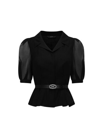 퍼프 오픈 칼라 크롭 블라우스 (BLACK)