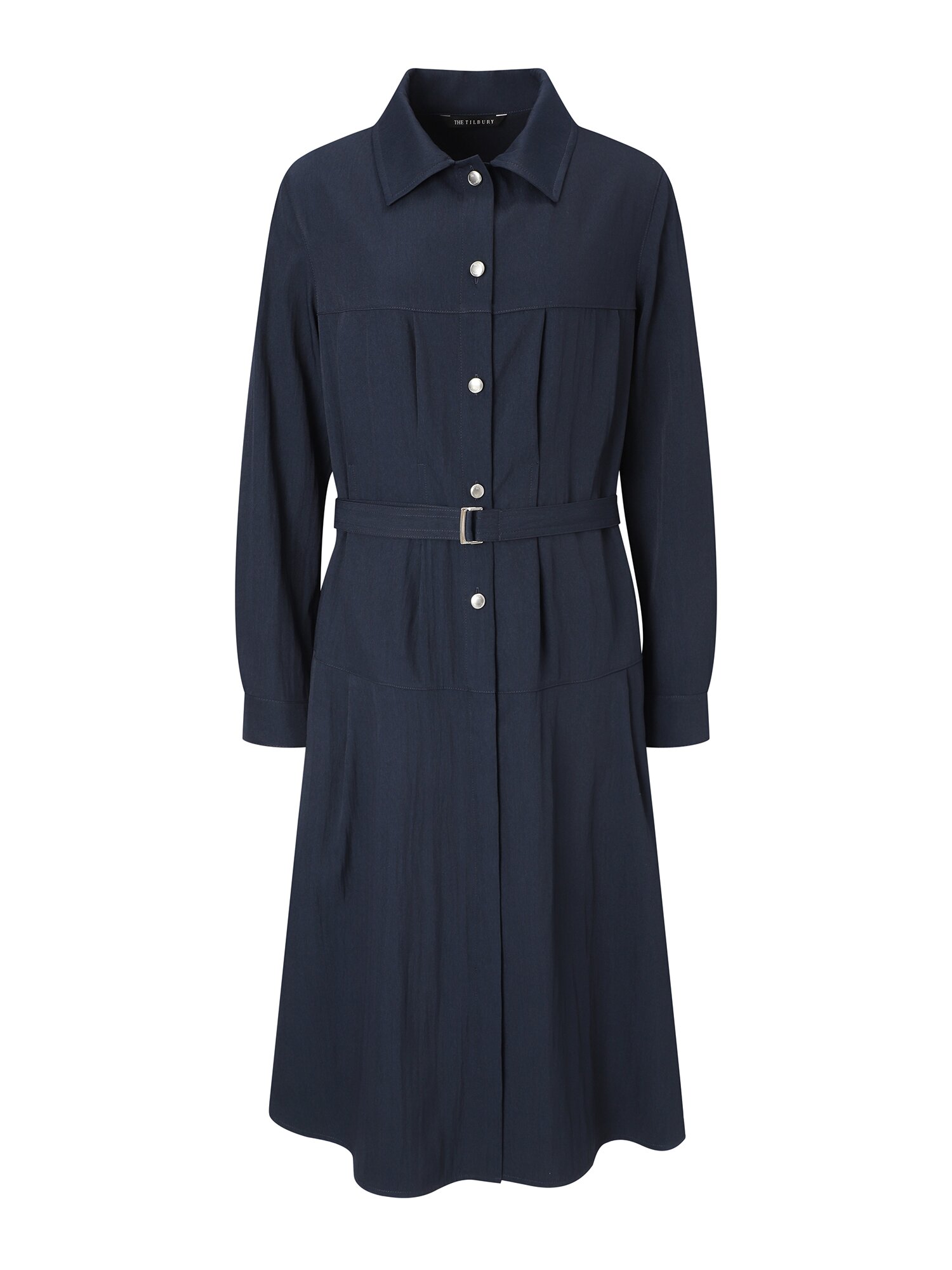 핀 턱 벨티드 셔츠 칼라 원피스 (NAVY)