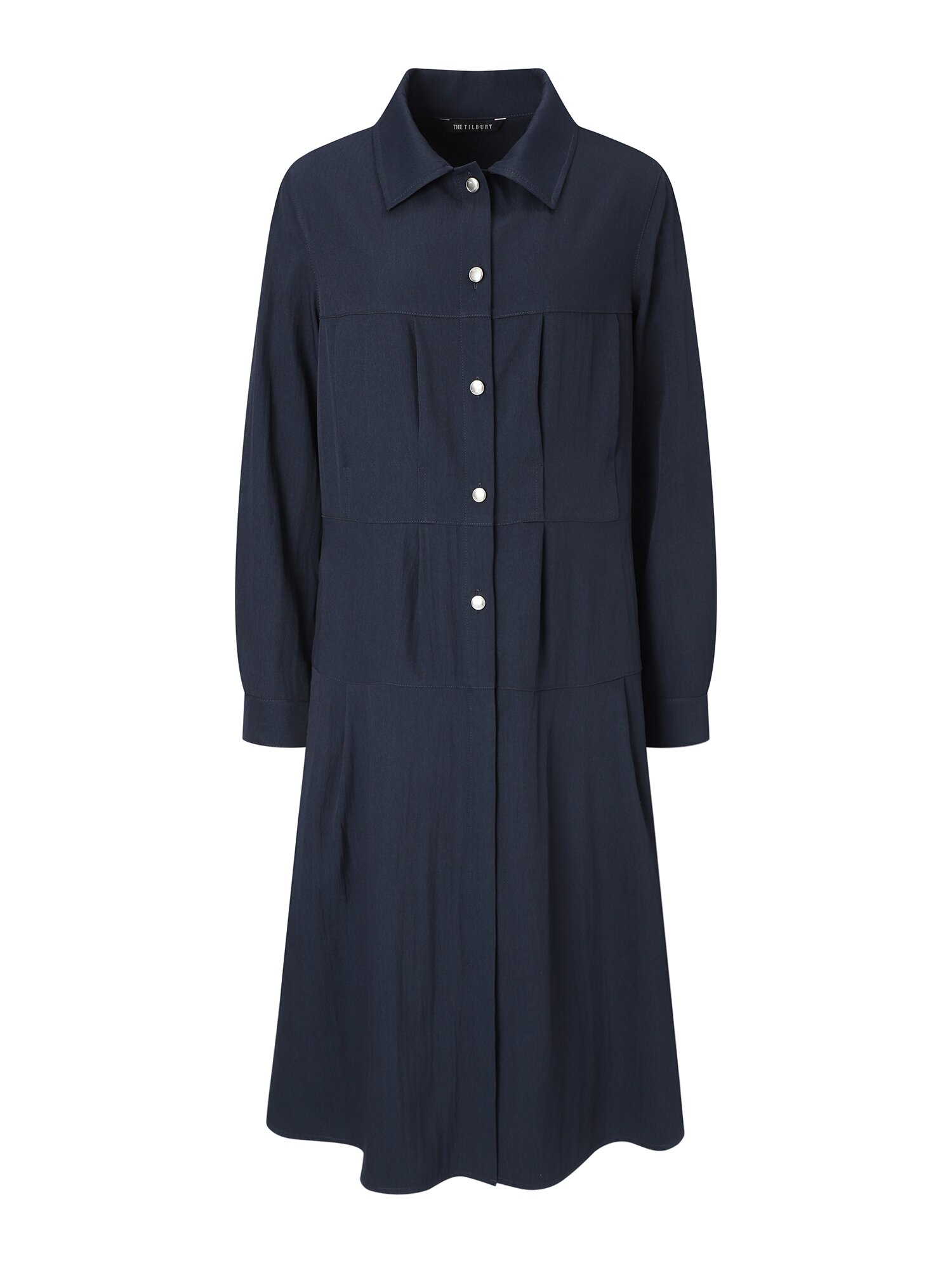 핀 턱 벨티드 셔츠 칼라 원피스 (NAVY)