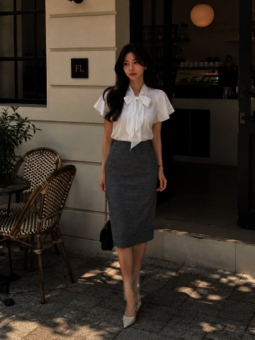 백 슬릿 H라인 미디 스커트 