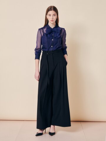 벨티드 더블 턱 와이드 슬랙스 