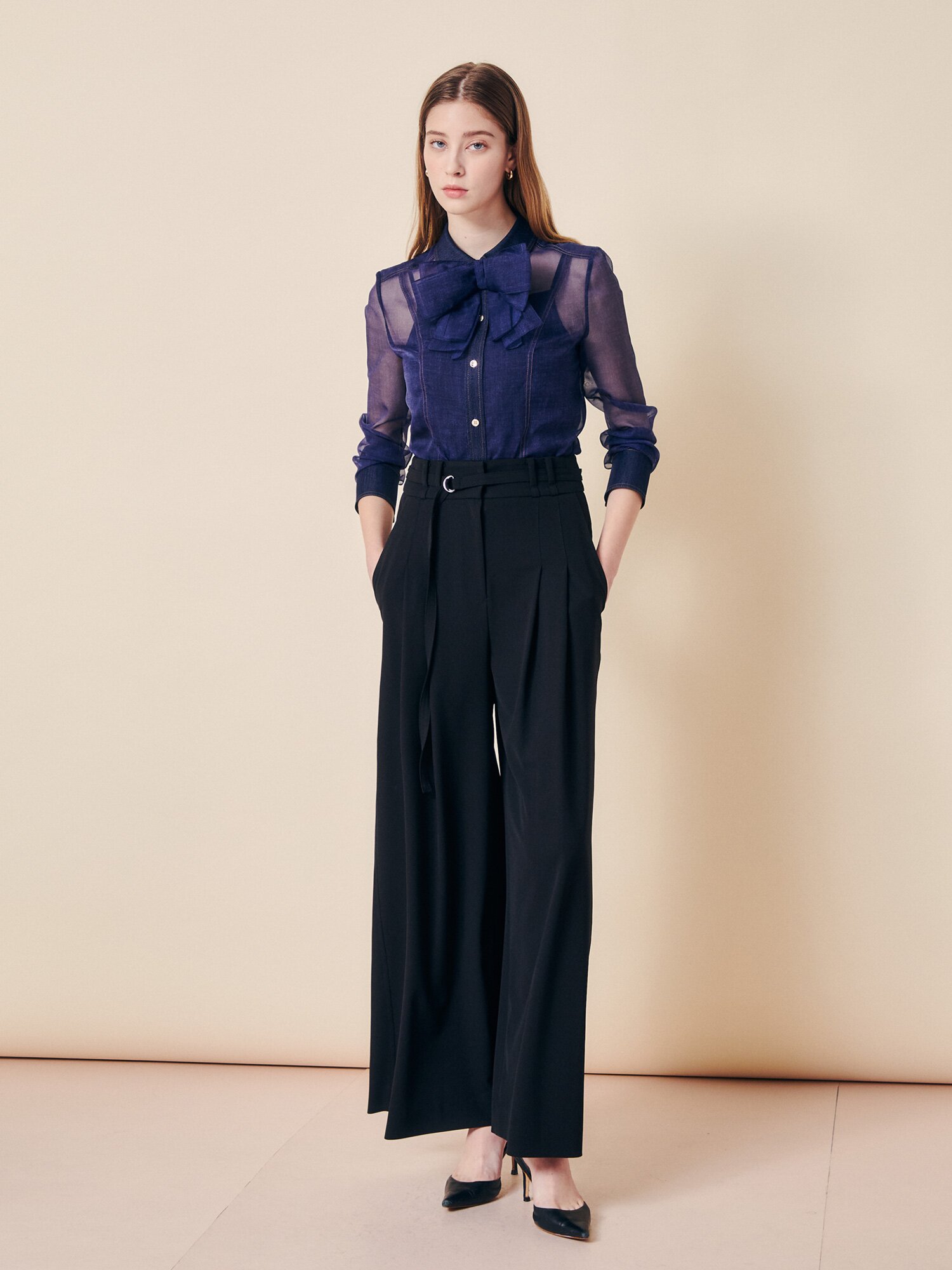 벨티드 더블 턱 와이드 슬랙스 (BLACK)