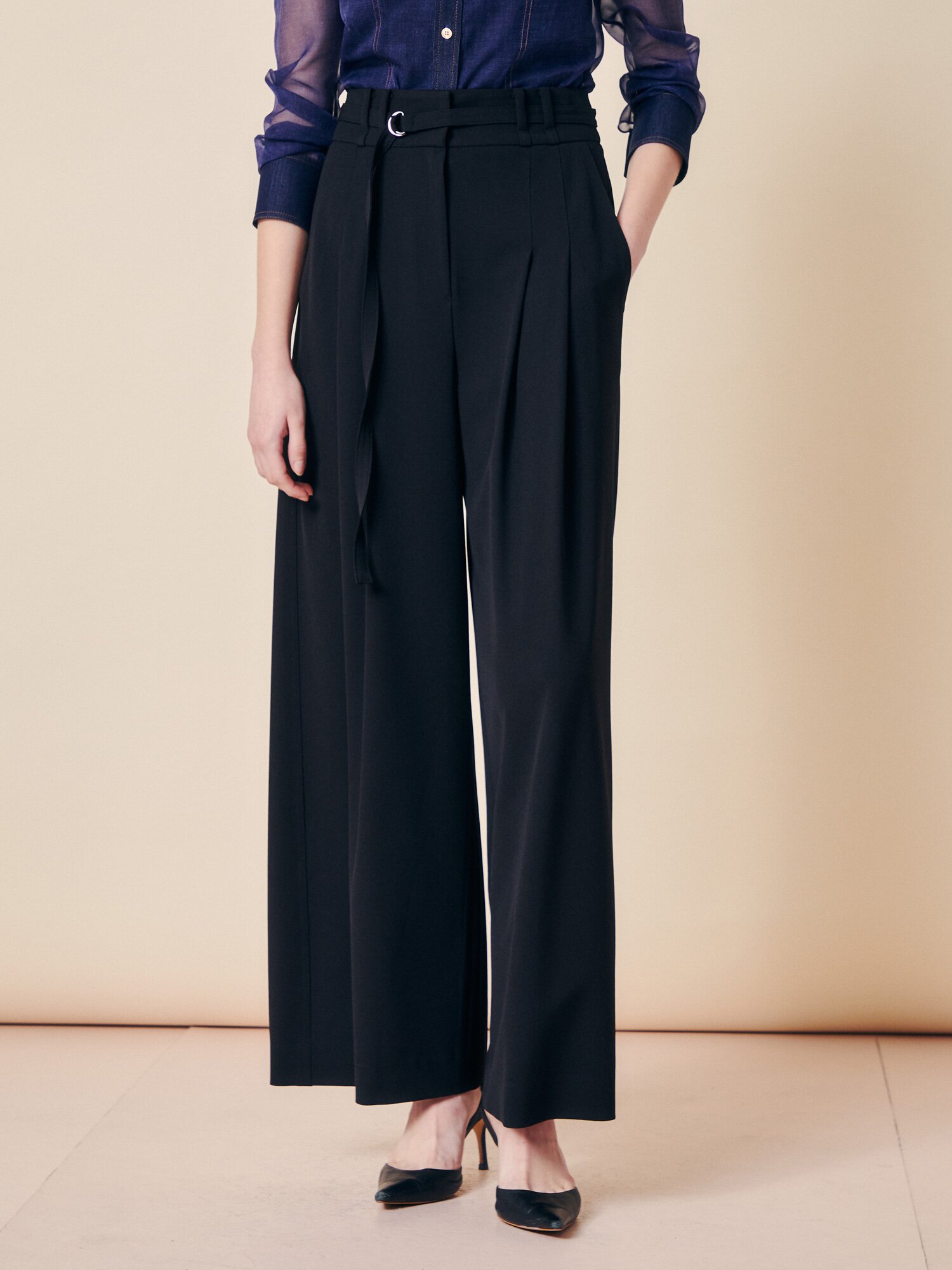 벨티드 더블 턱 와이드 슬랙스 (BLACK)