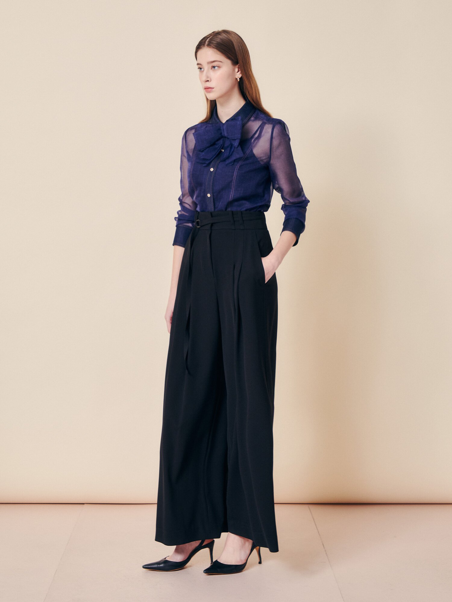 벨티드 더블 턱 와이드 슬랙스 (BLACK)