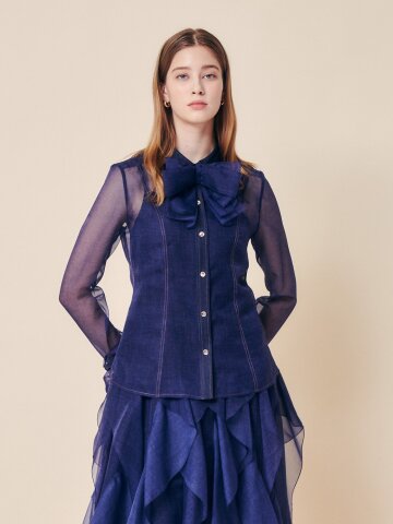 데님 시어 리본 타이 블라우스 