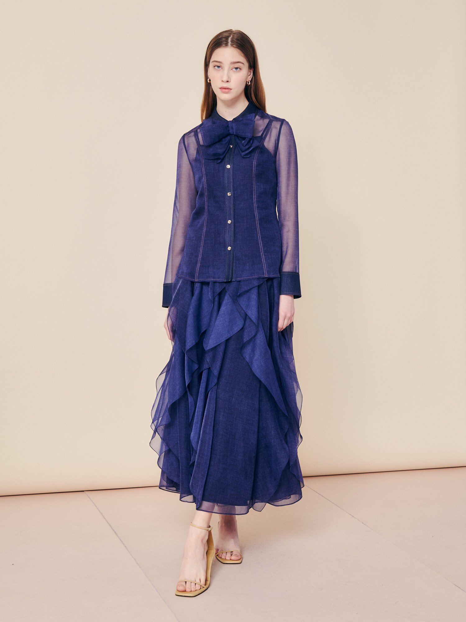 데님 시어 리본 타이 블라우스 (INDIGO)