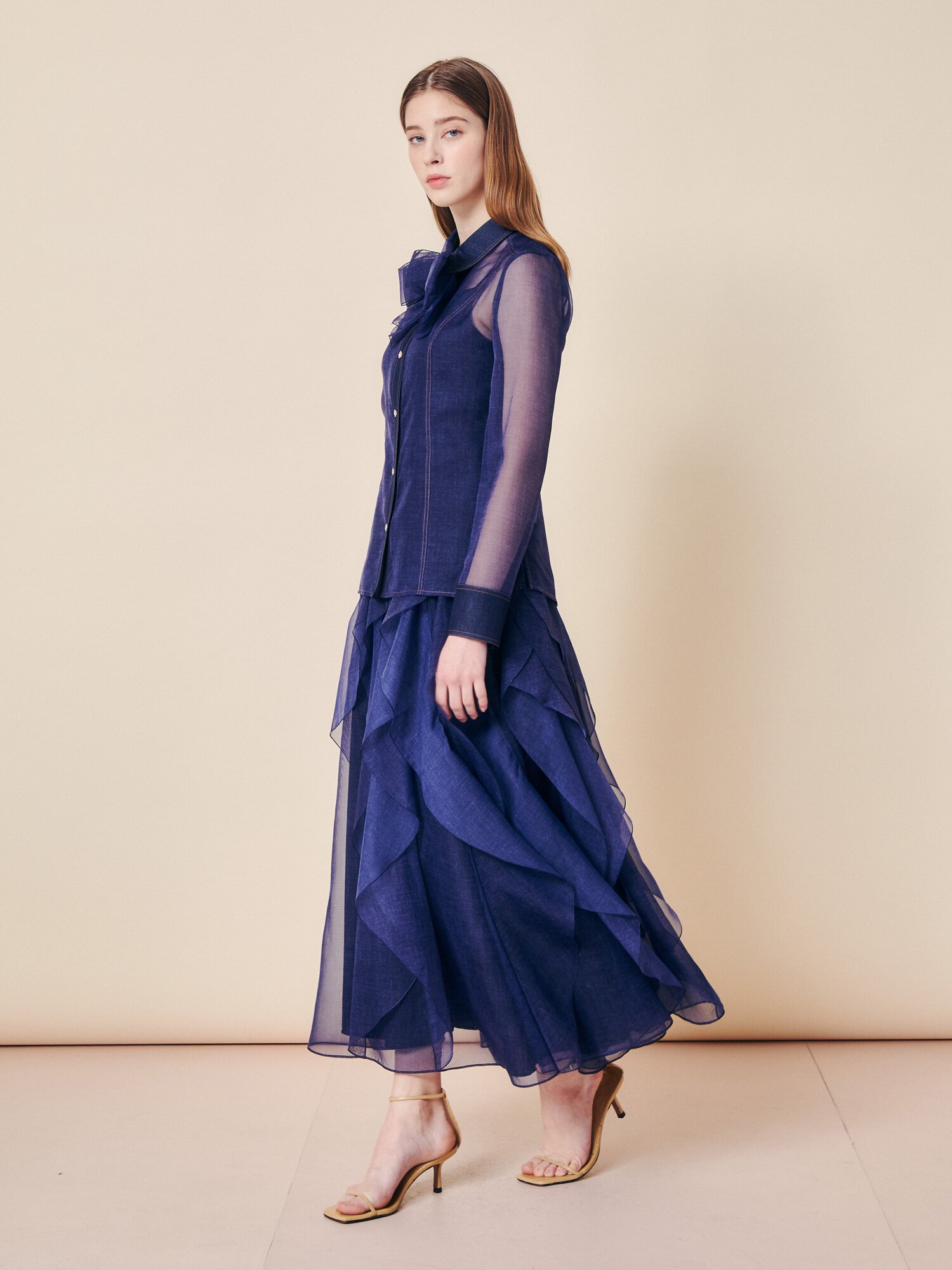 데님 시어 리본 타이 블라우스 (INDIGO)