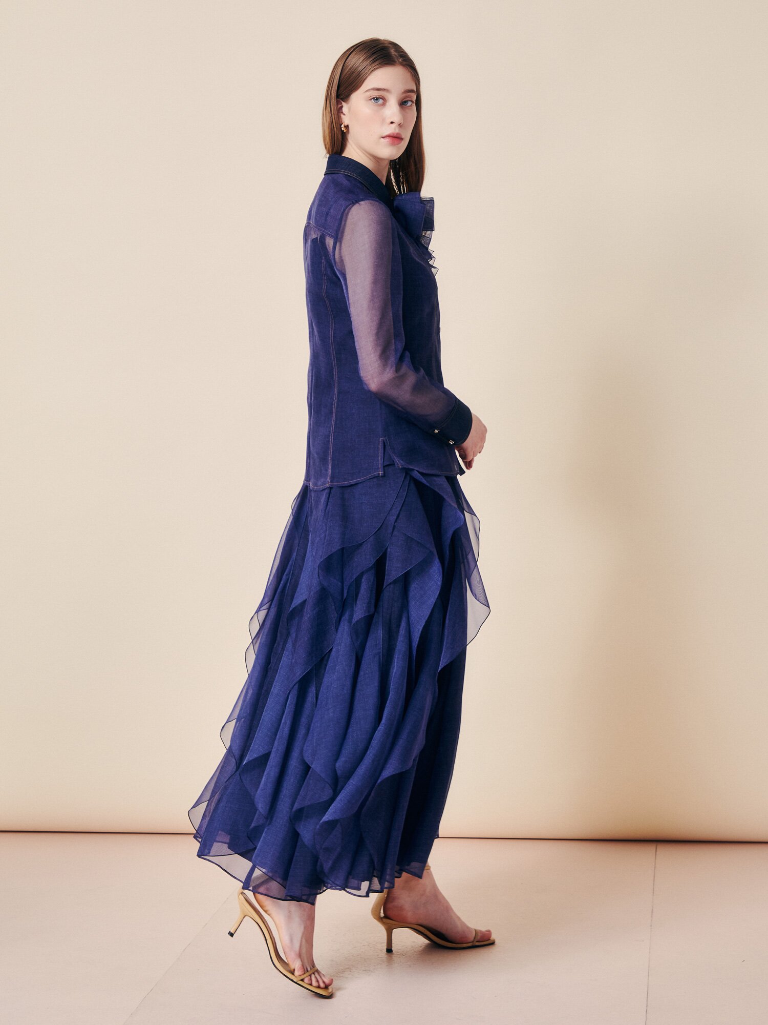 데님 시어 리본 타이 블라우스 (INDIGO)