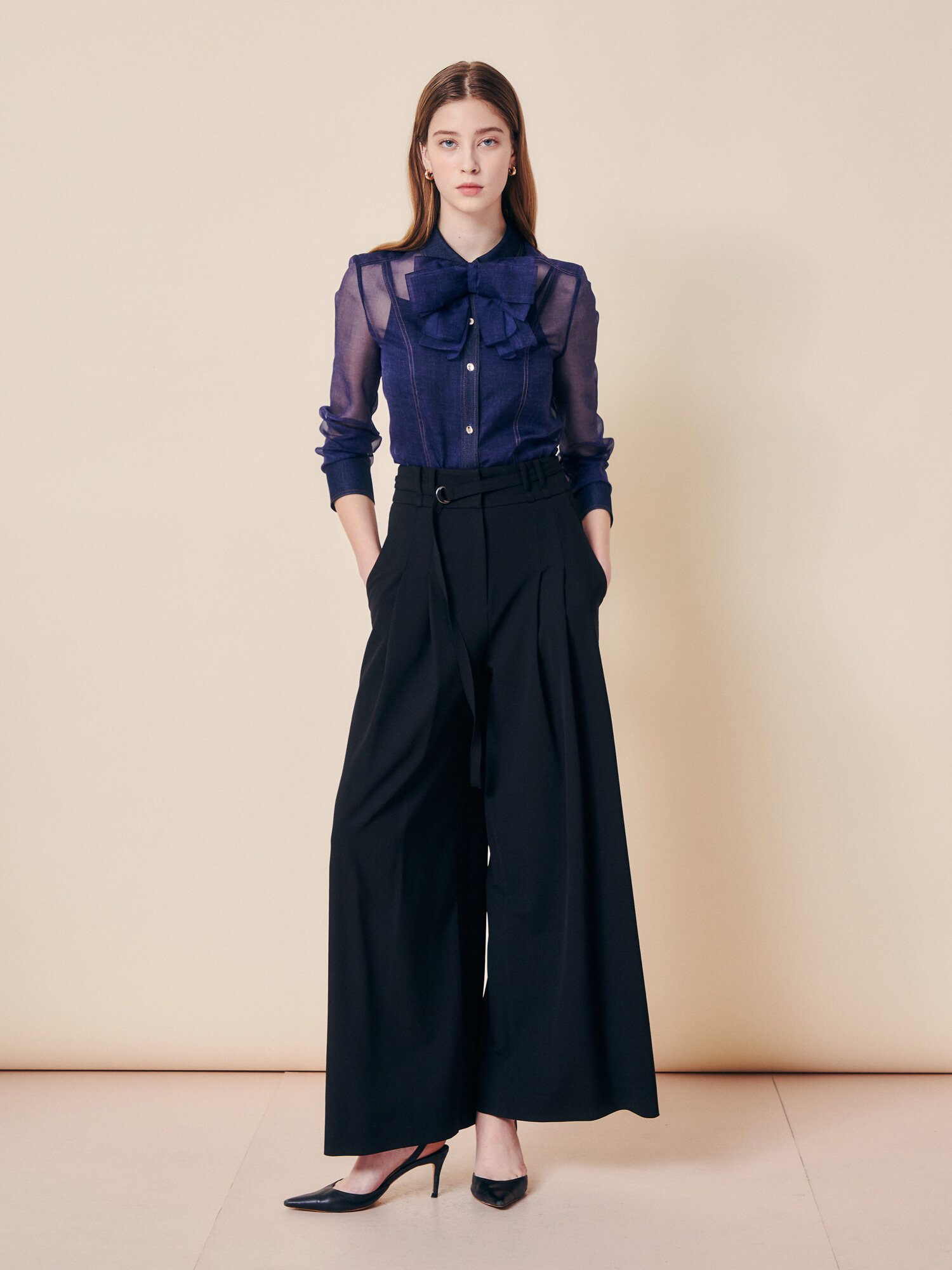 데님 시어 리본 타이 블라우스 (INDIGO)