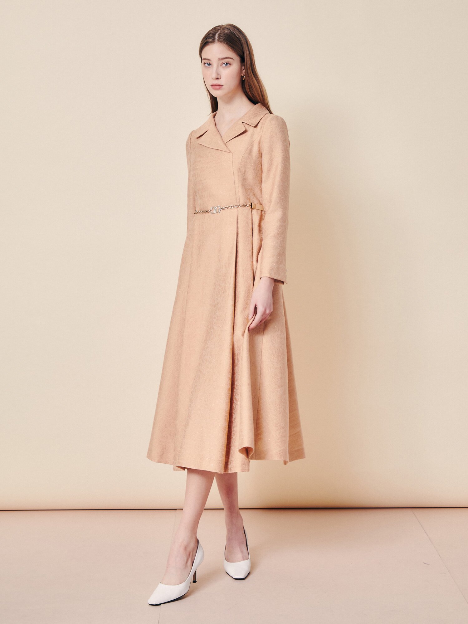 펄 자카드 플레어 롱 원피스 (LIGHT BEIGE)