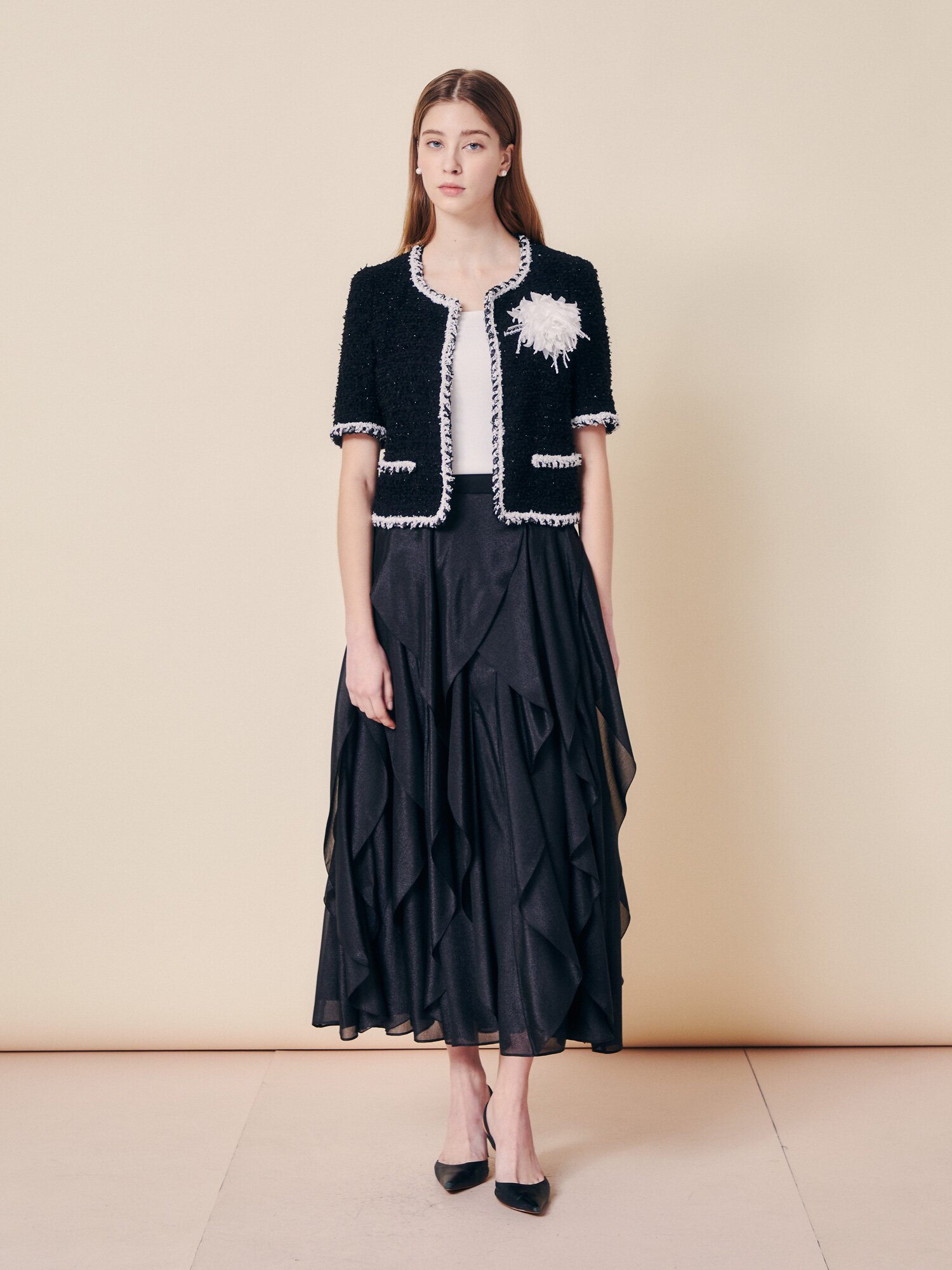 에어리 시어 티어드 롱 스커트 (BLACK)