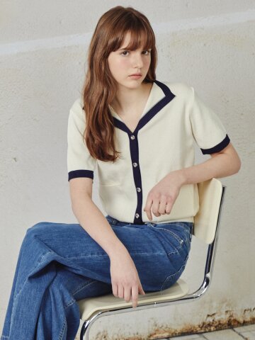 오픈 라인 배색 니트 카디건 