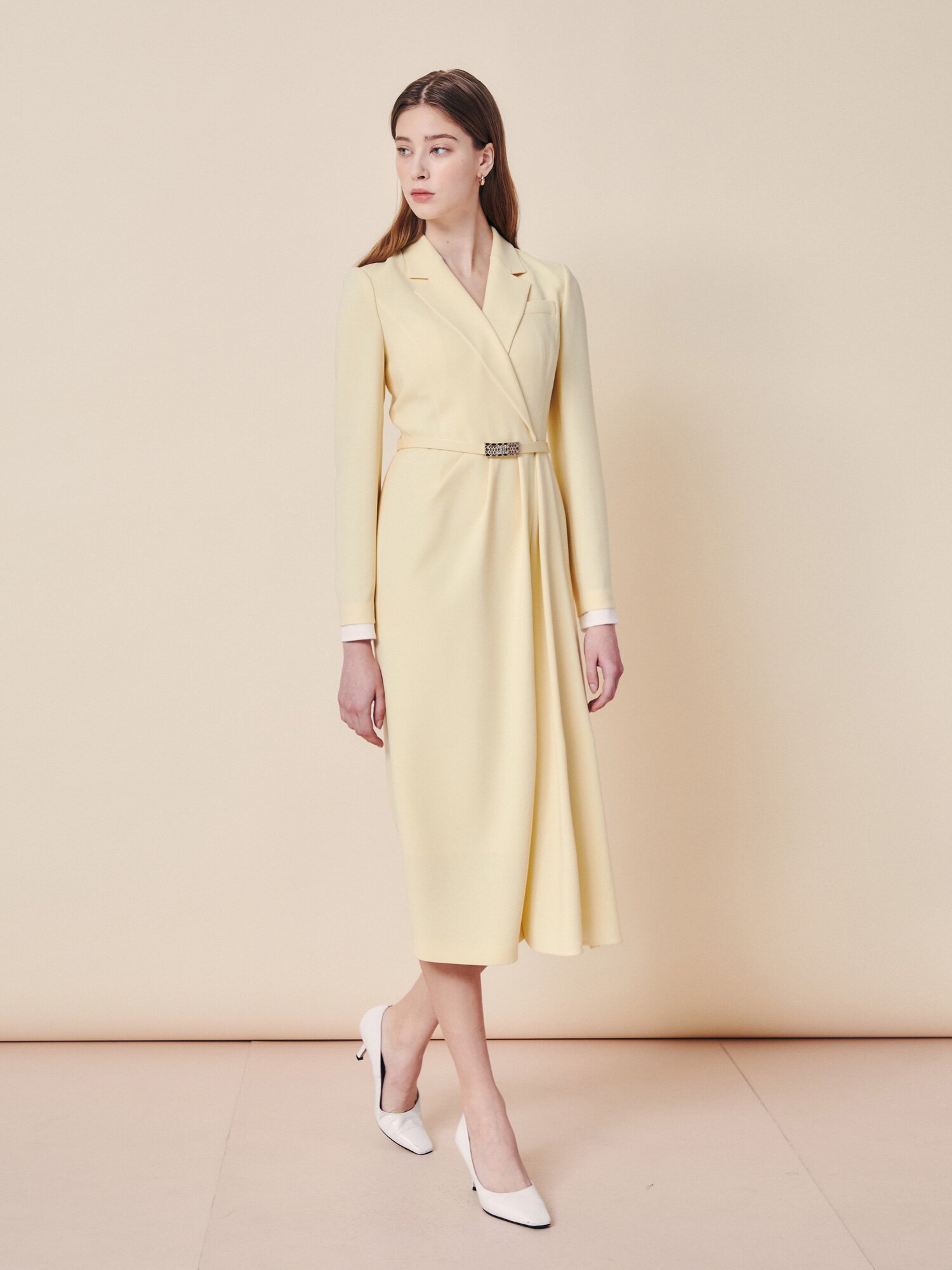 테일러드 새틴 커프스 롱 원피스 (YELLOW)