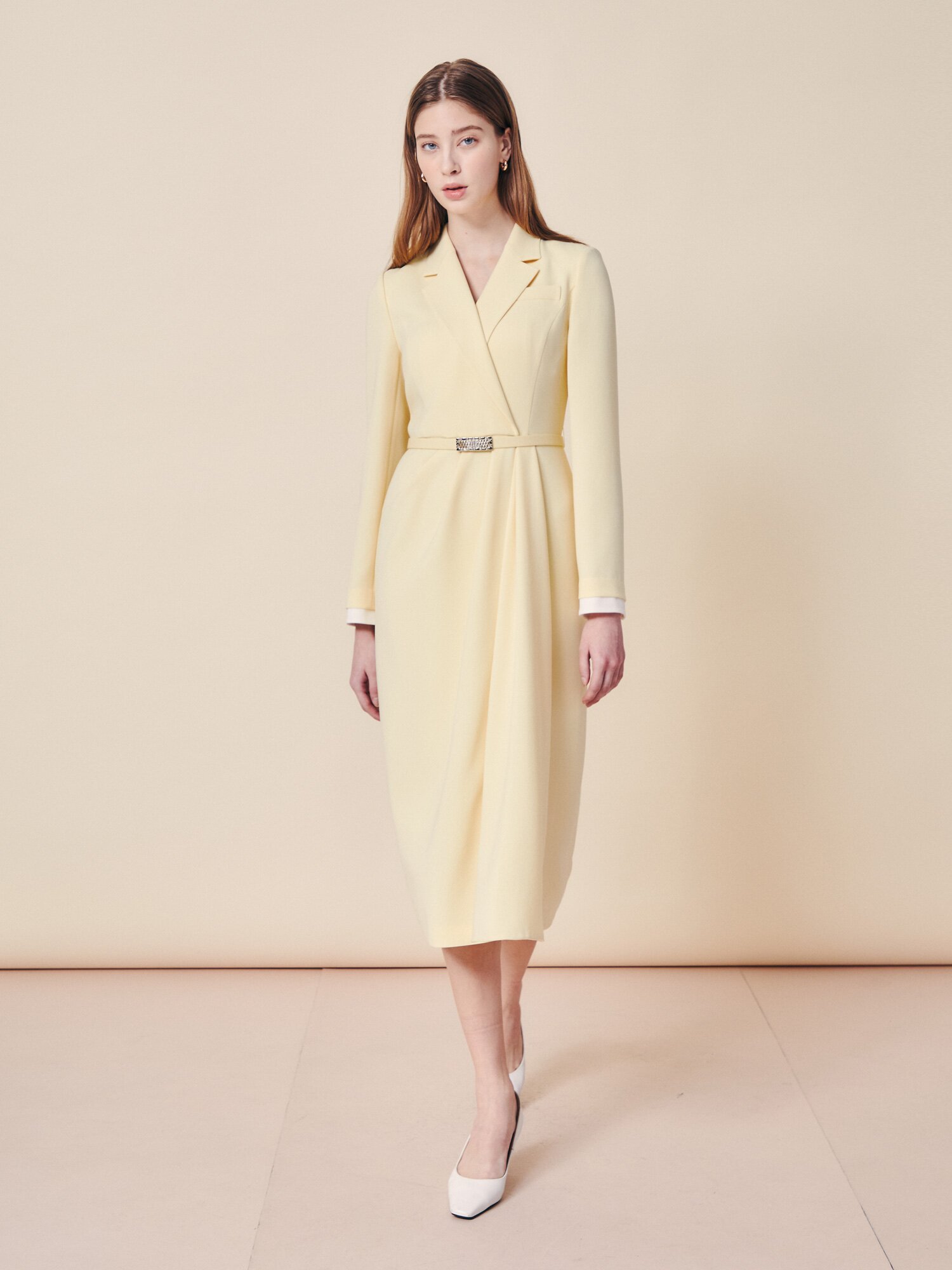 테일러드 새틴 커프스 롱 원피스 (YELLOW)