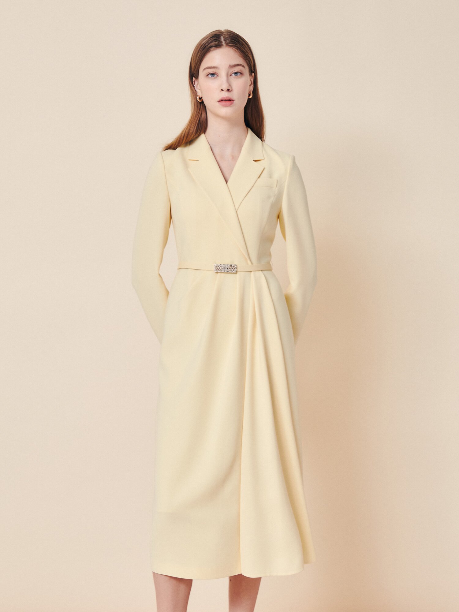 테일러드 새틴 커프스 롱 원피스 (YELLOW)