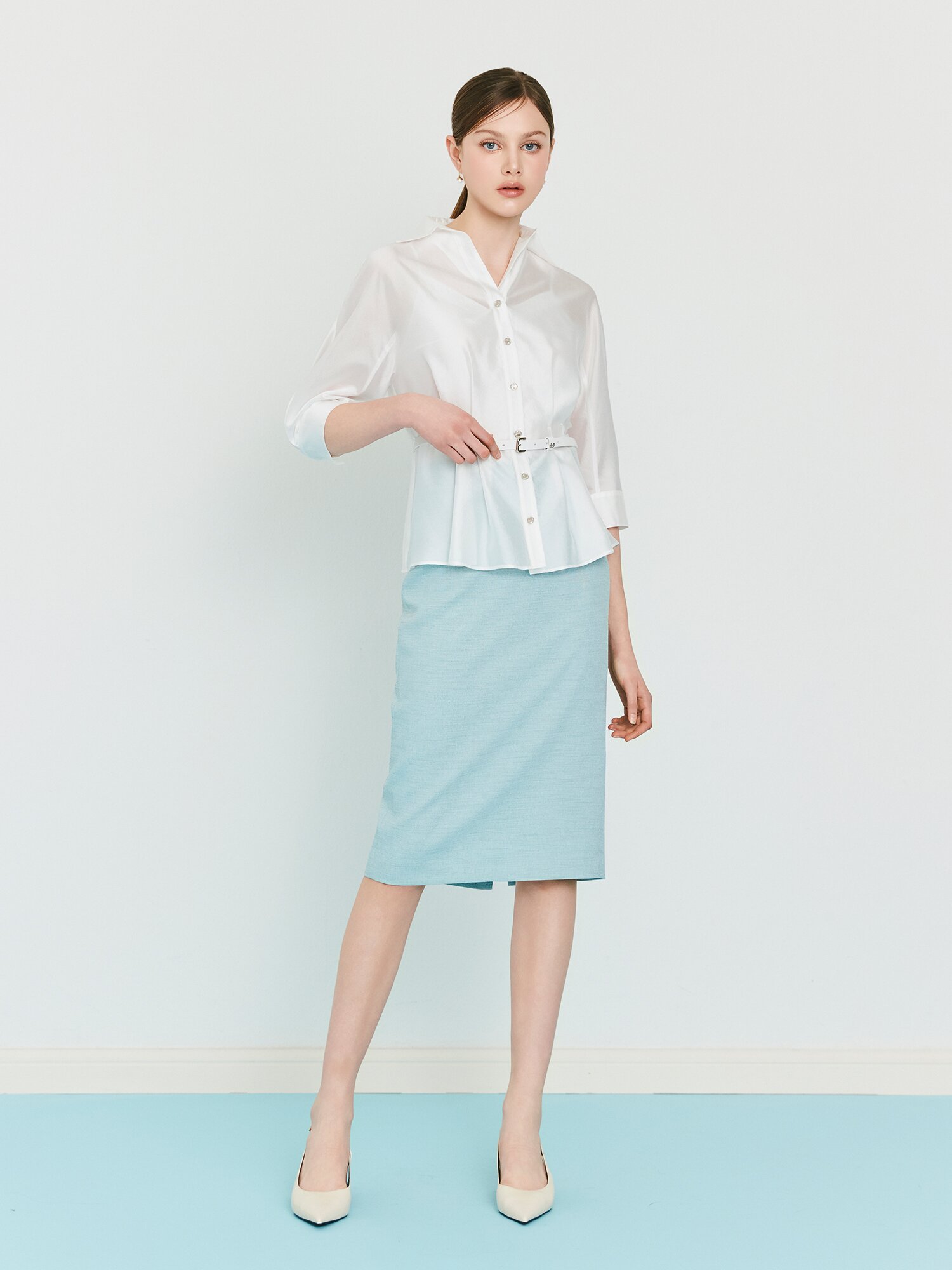 백 슬릿 H라인 미디 스커트 (MINT)