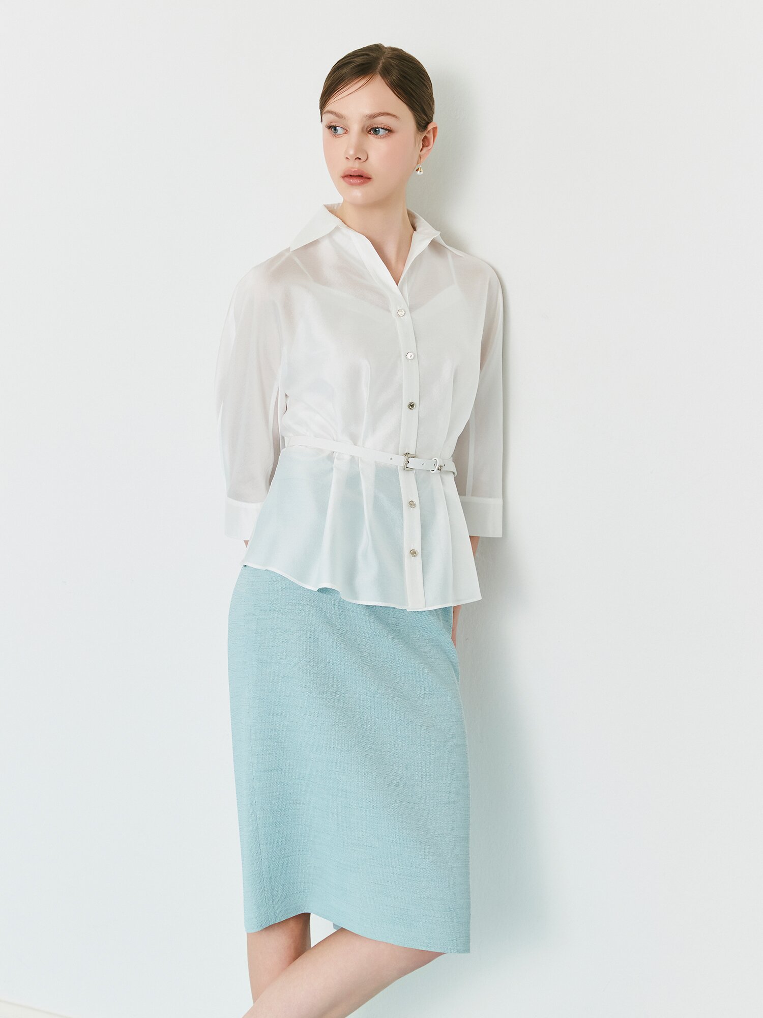백 슬릿 H라인 미디 스커트 (MINT)