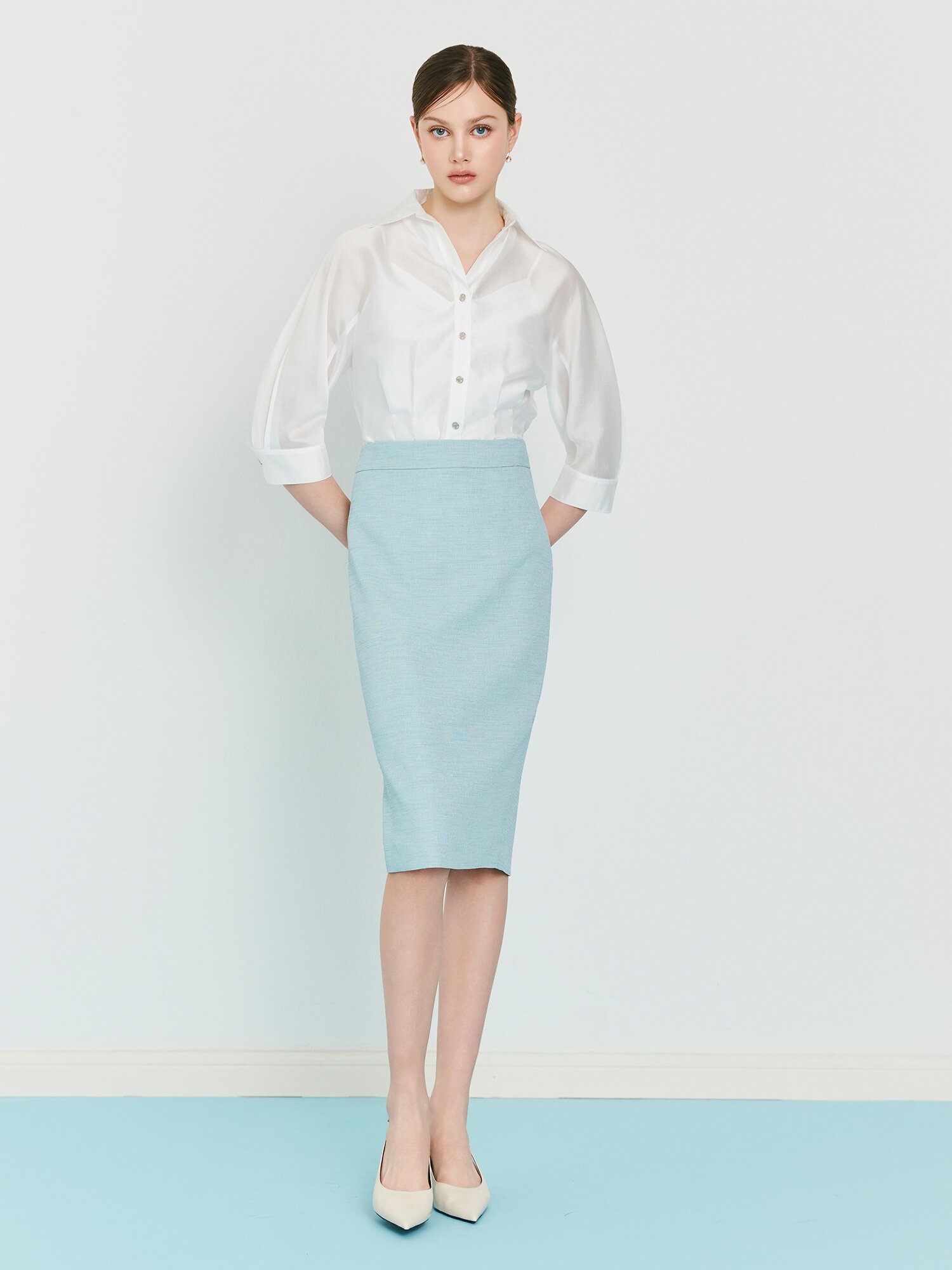 백 슬릿 H라인 미디 스커트 (MINT)