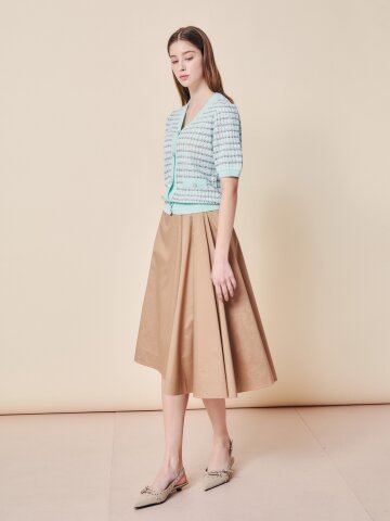 언밸런스 헴 플레어 미디 스커트 