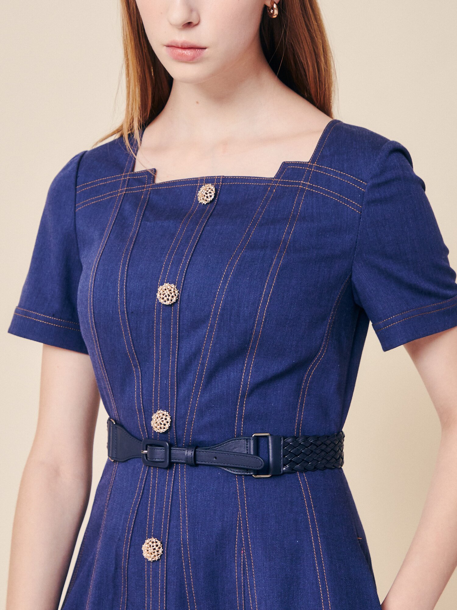 데님 스티치 벨티드 미디 원피스 (INDIGO)