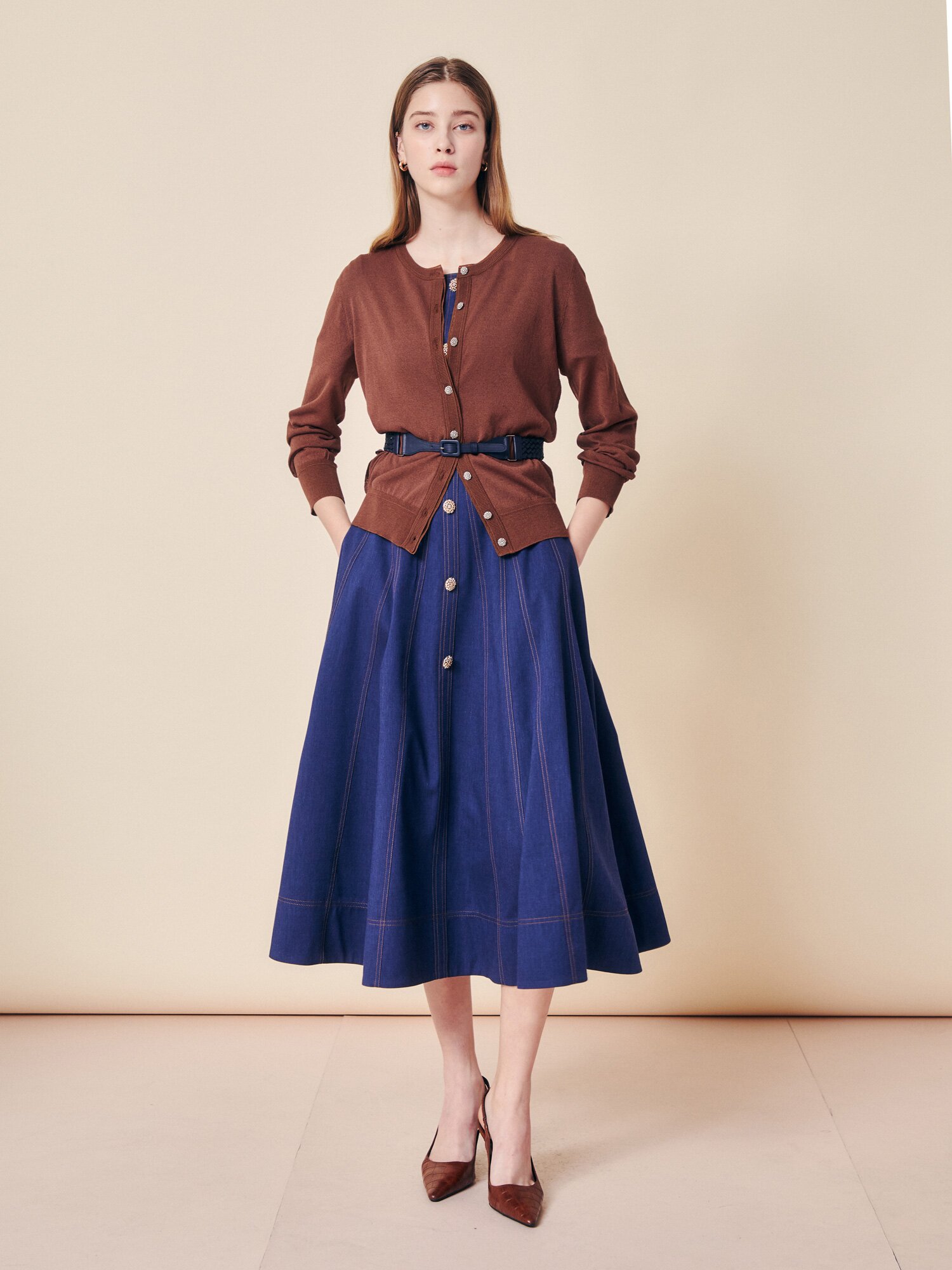 데님 스티치 벨티드 미디 원피스 (INDIGO)