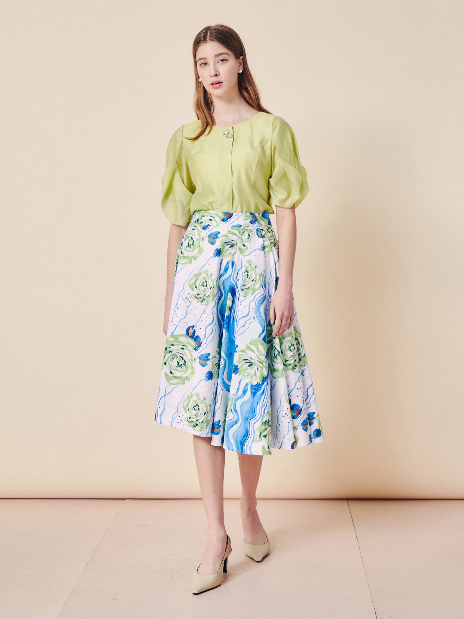 언밸런스 헴 플레어 미디 스커트 (PRINT GREEN)