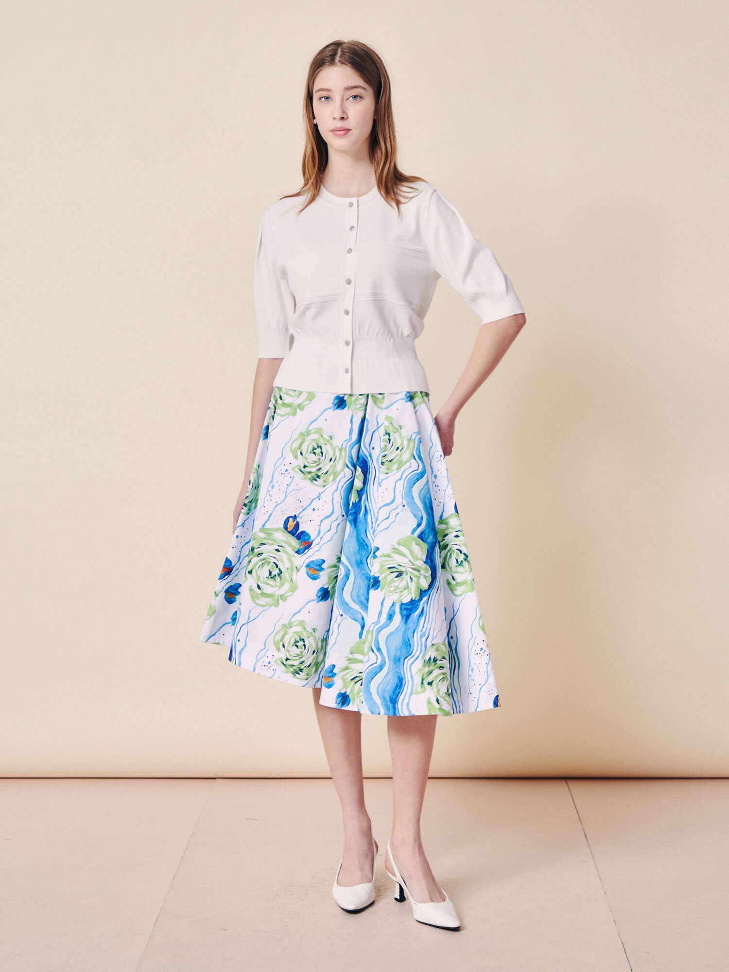 언밸런스 헴 플레어 미디 스커트 (PRINT GREEN)