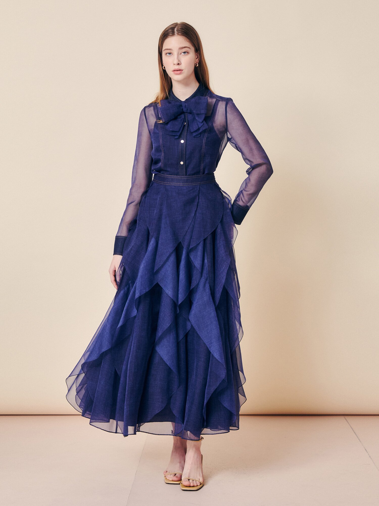 데님 시어 티어드 롱 스커트 (INDIGO)