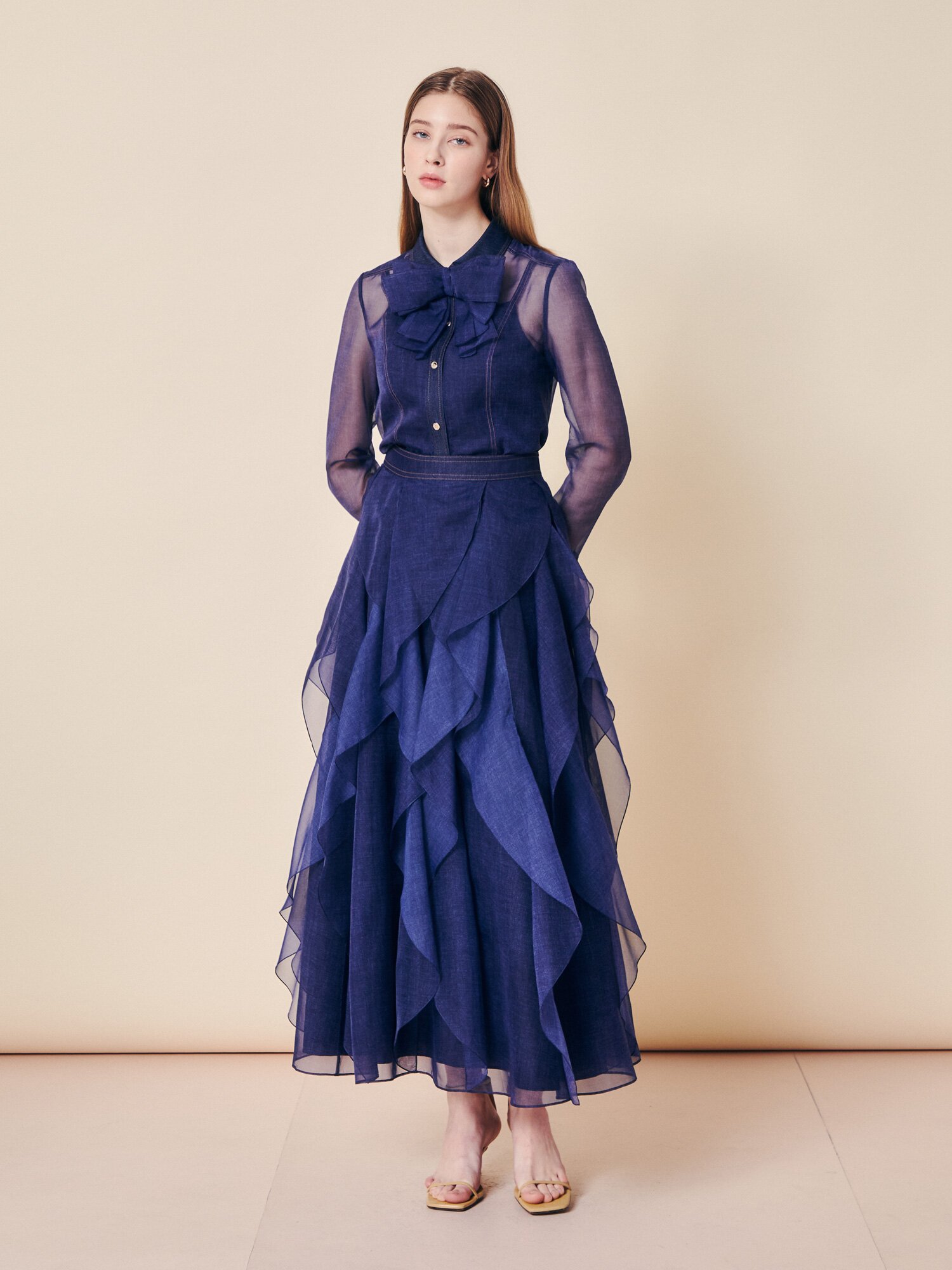 데님 시어 티어드 롱 스커트 (INDIGO)