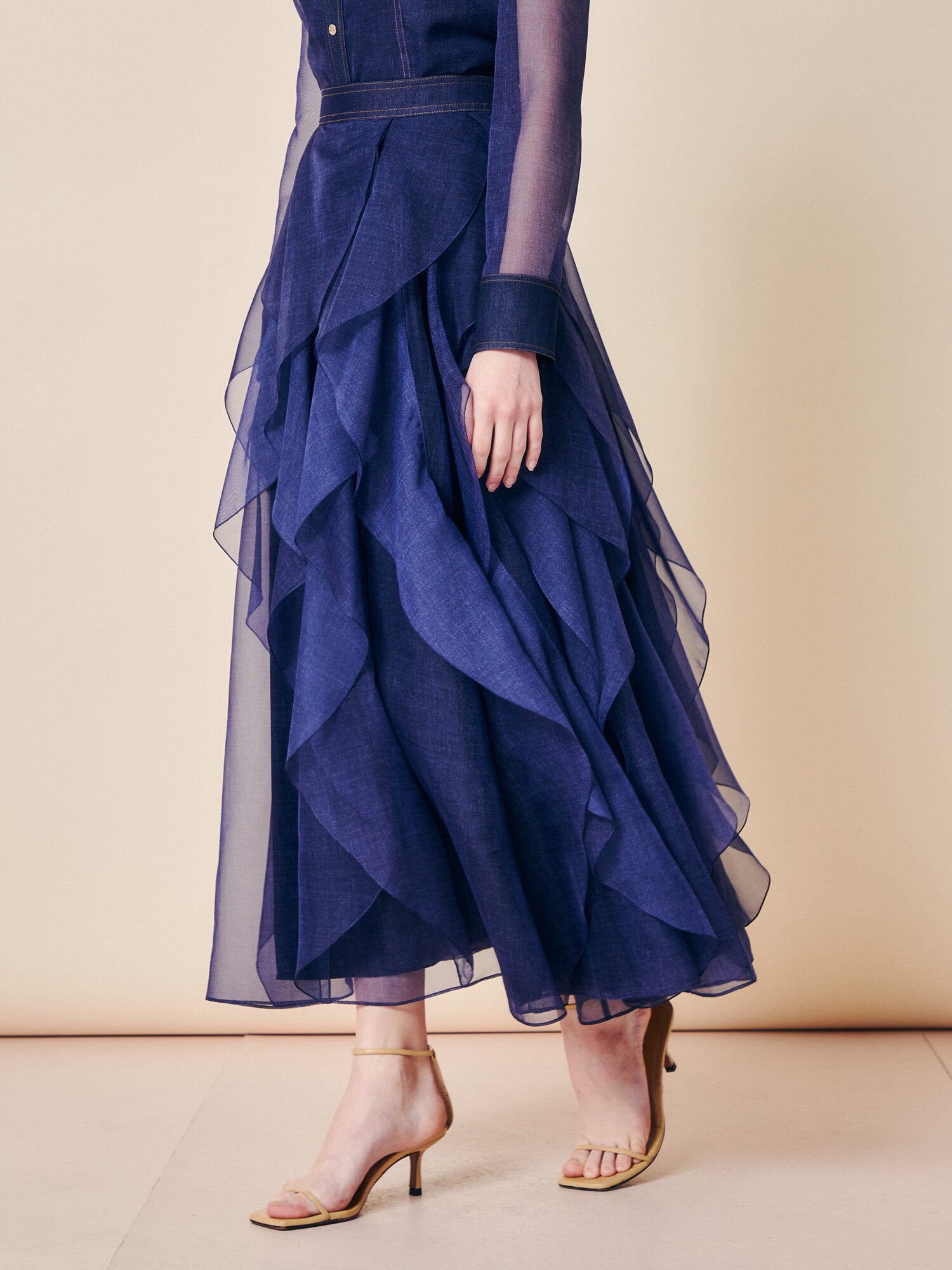 데님 시어 티어드 롱 스커트 (INDIGO)