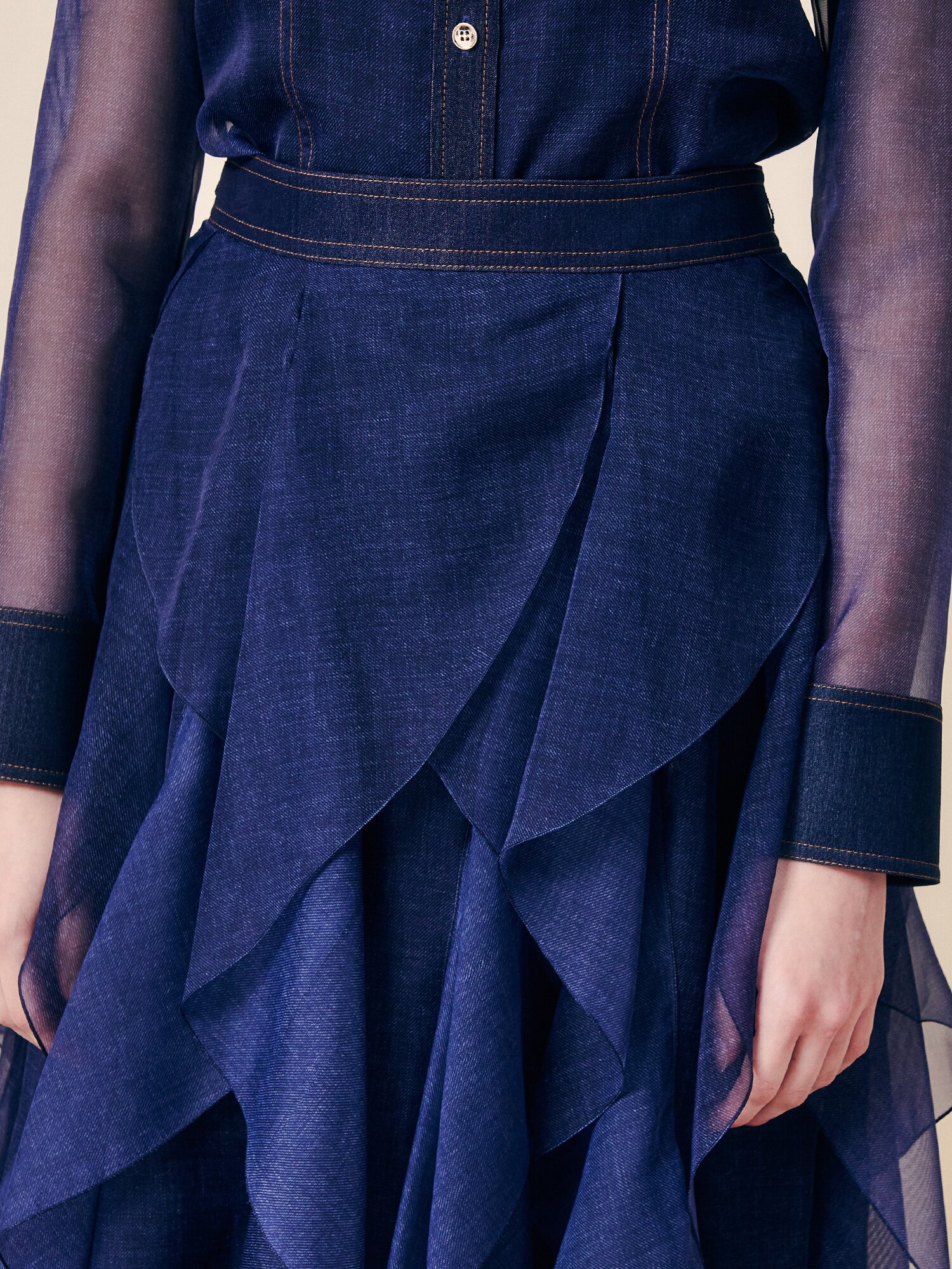 데님 시어 티어드 롱 스커트 (INDIGO)