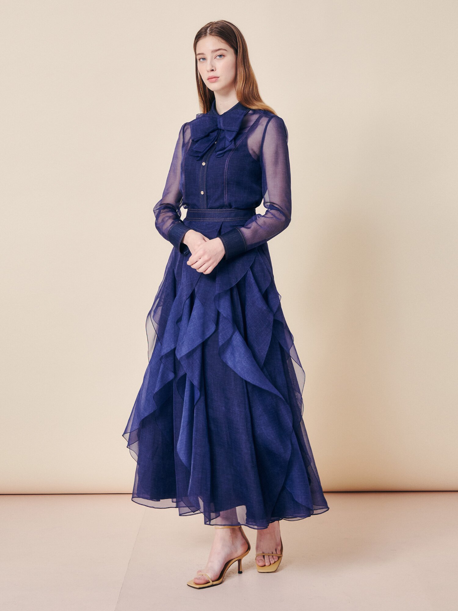 데님 시어 티어드 롱 스커트 (INDIGO)