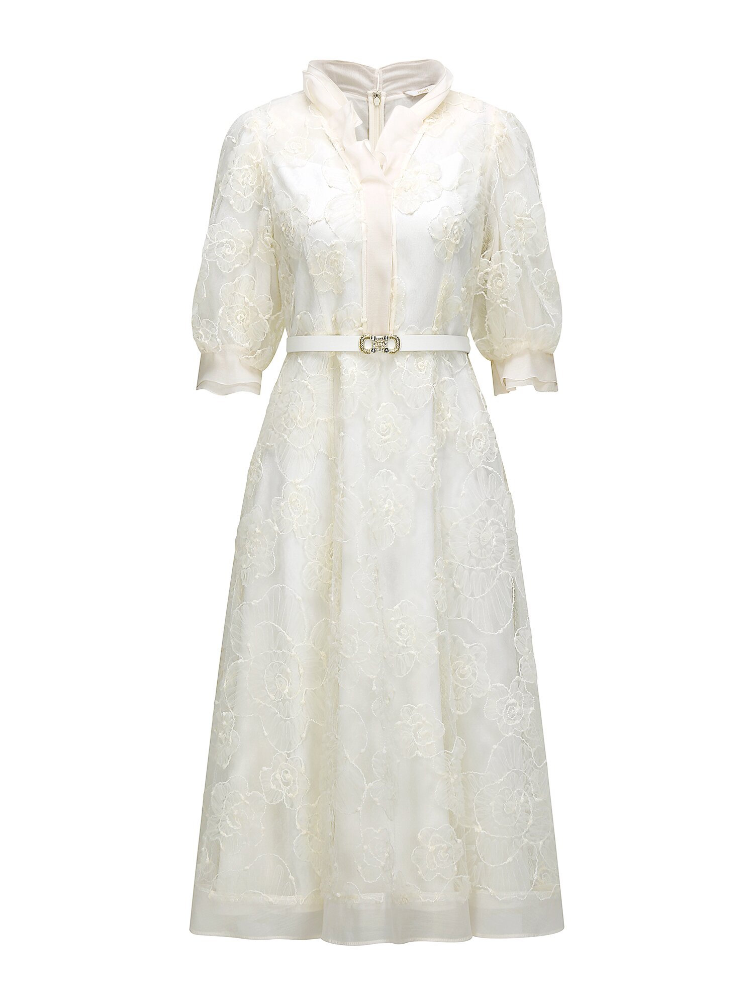 플라워 퍼프 프릴넥 플레어 원피스 (IVORY)