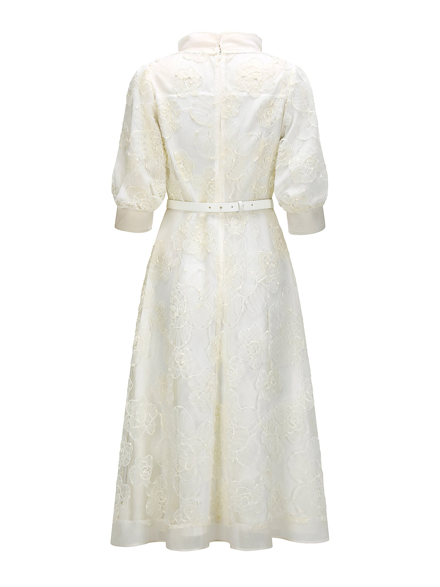 플라워 퍼프 프릴넥 플레어 원피스 (IVORY)