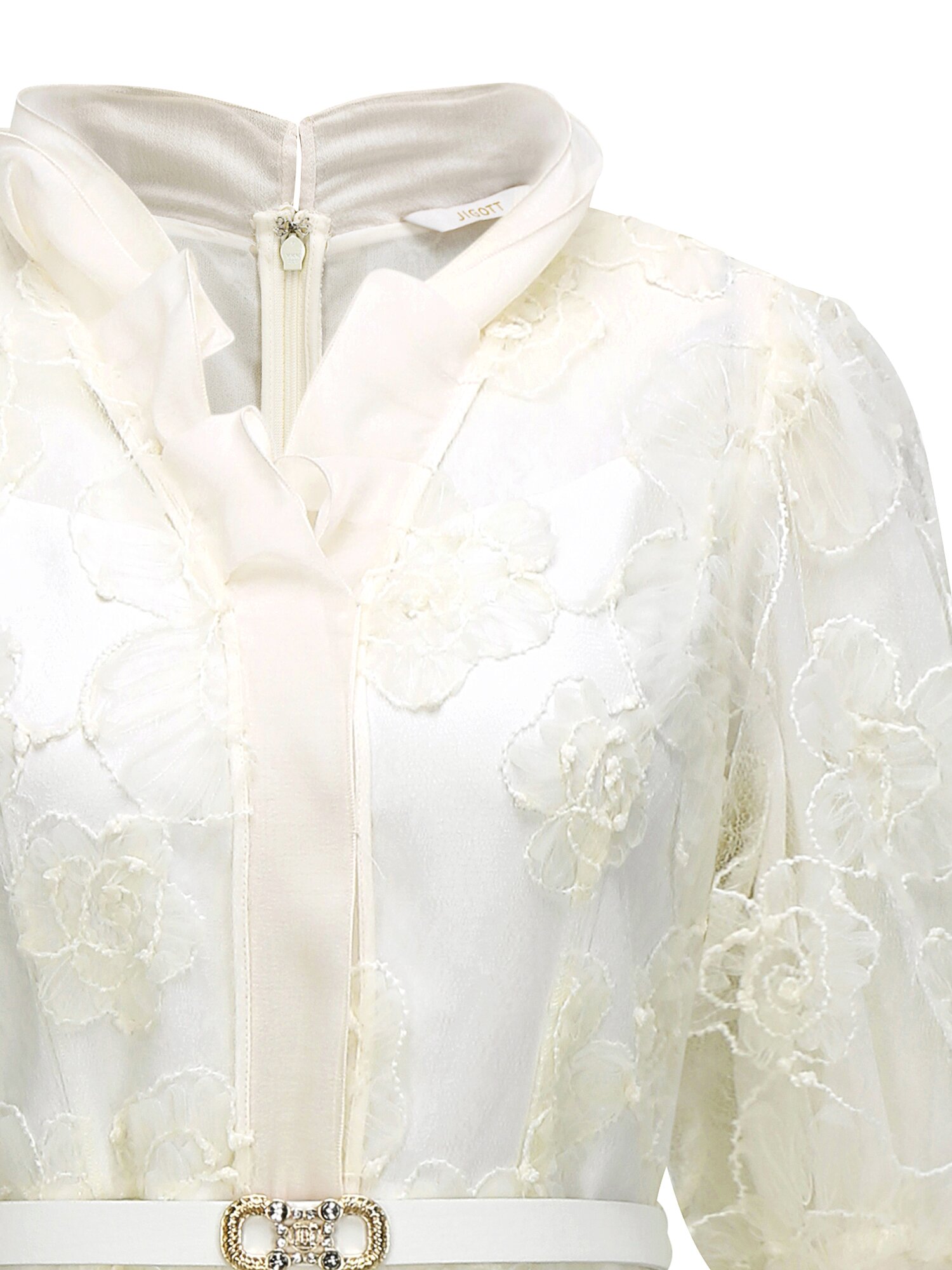 플라워 퍼프 프릴넥 플레어 원피스 (IVORY)