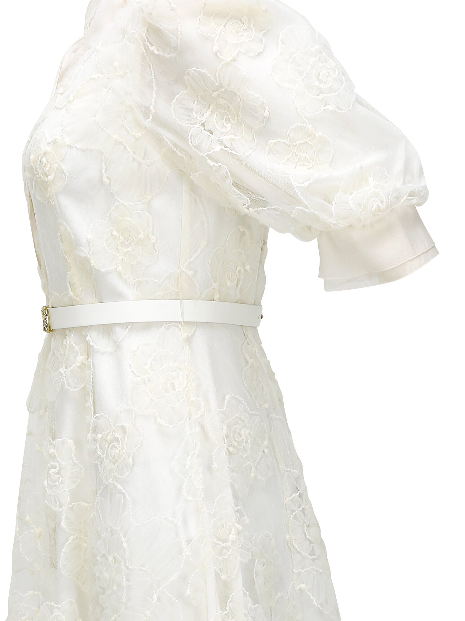 플라워 퍼프 프릴넥 플레어 원피스 (IVORY)