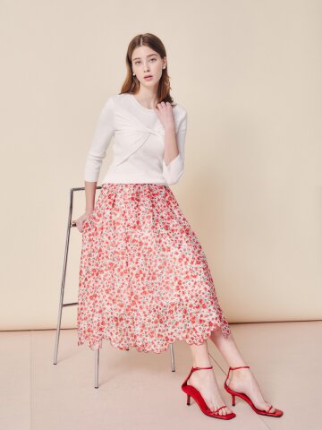 플로럴 시어 스캘럽 플레어 스커트 