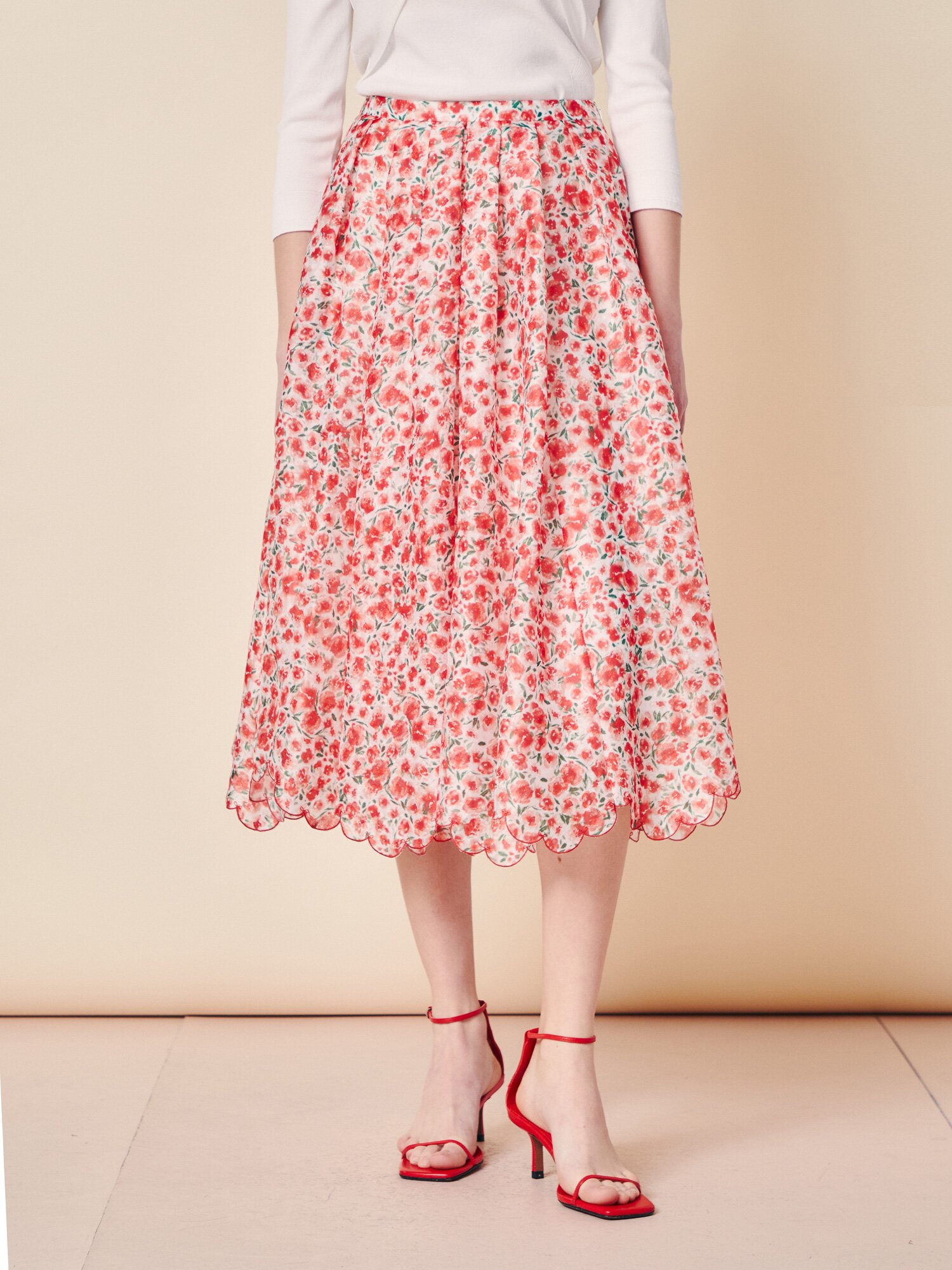 플로럴 시어 스캘럽 플레어 스커트 (PRINT RED)