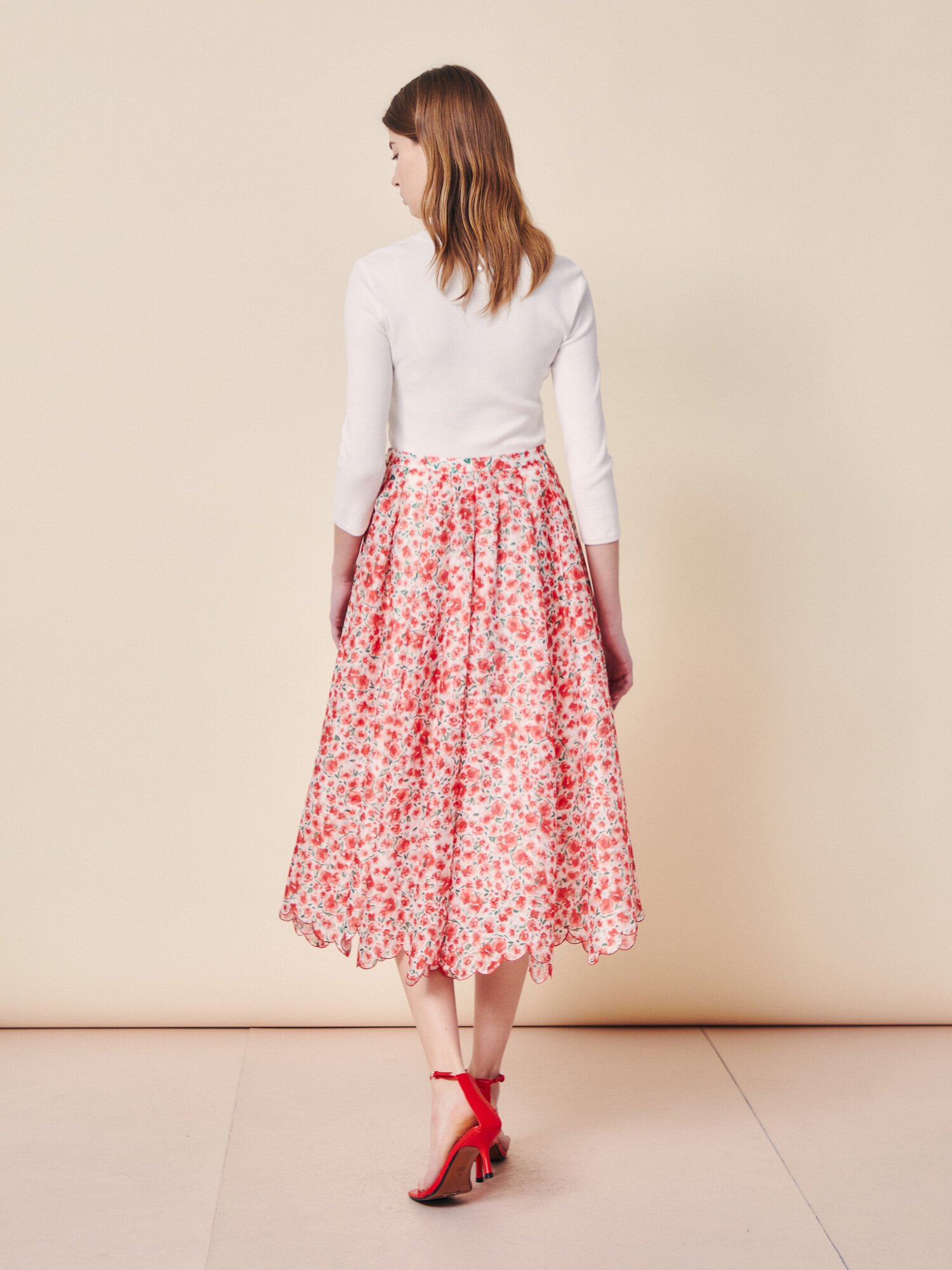 플로럴 시어 스캘럽 플레어 스커트 (PRINT RED)