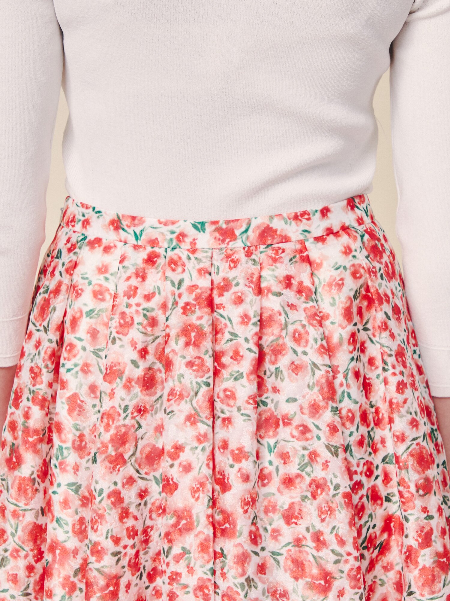 플로럴 시어 스캘럽 플레어 스커트 (PRINT RED)
