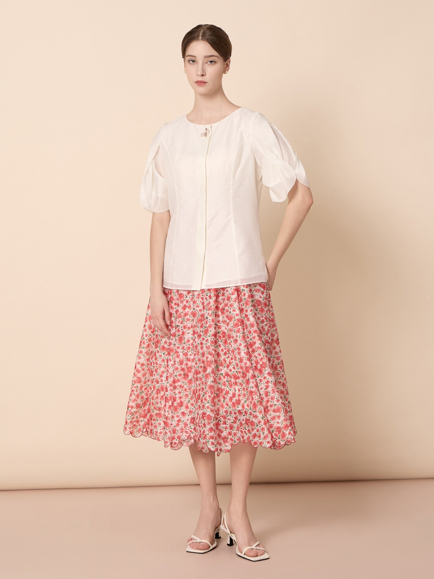 플로럴 시어 스캘럽 플레어 스커트 (PRINT RED)