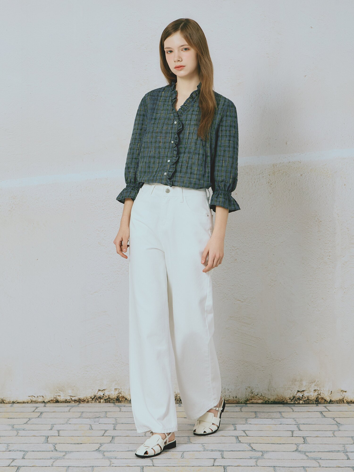 프릴 셔츠 블라우스 (BLUE)