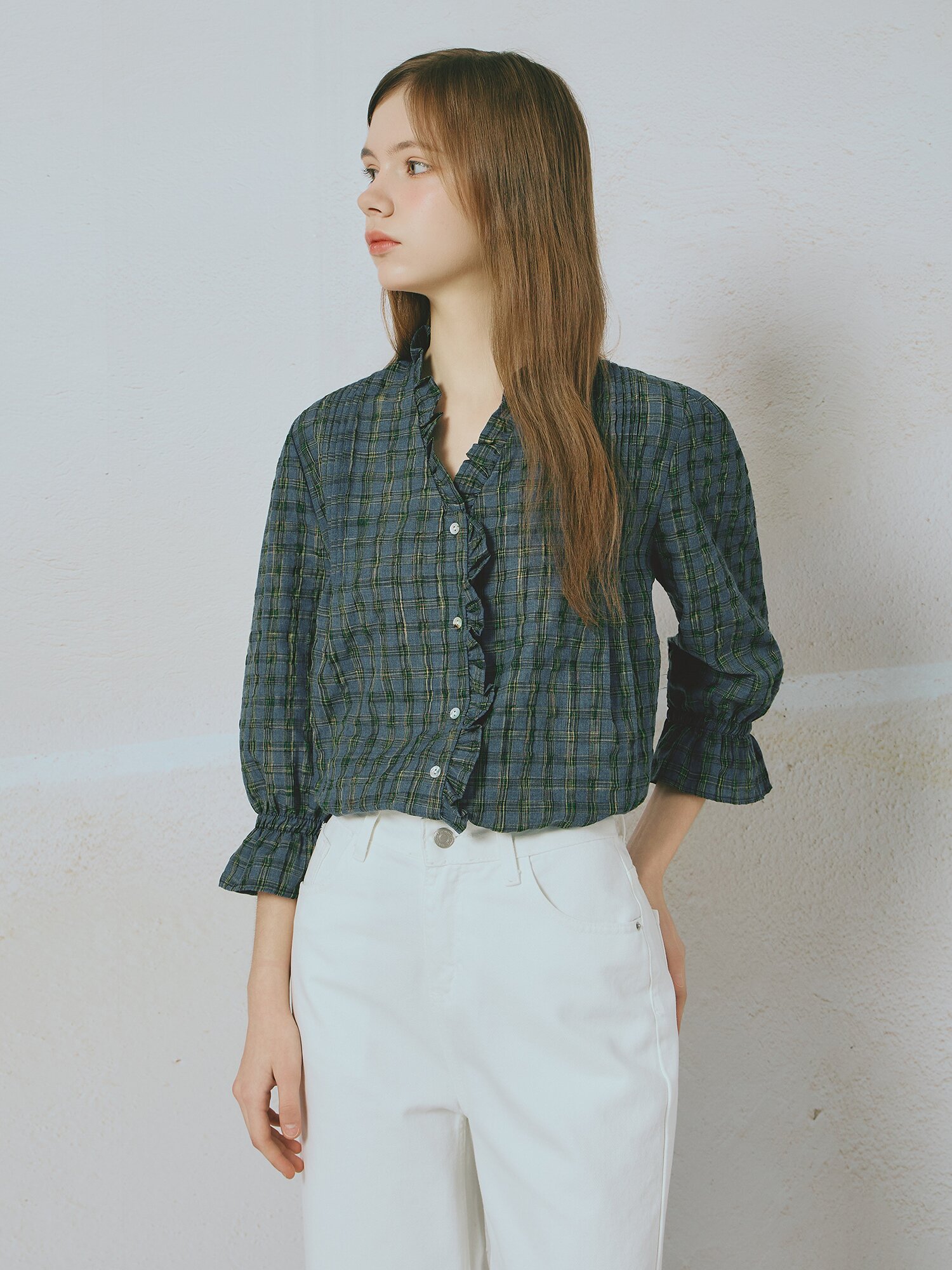 프릴 셔츠 블라우스 (BLUE)