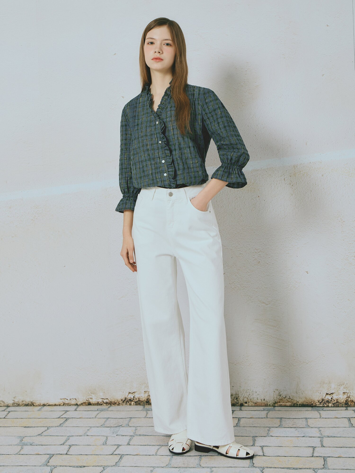 프릴 셔츠 블라우스 (BLUE)