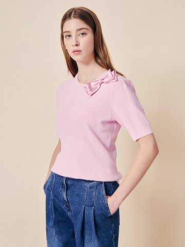 새틴 보우 포인트 니트 풀오버 